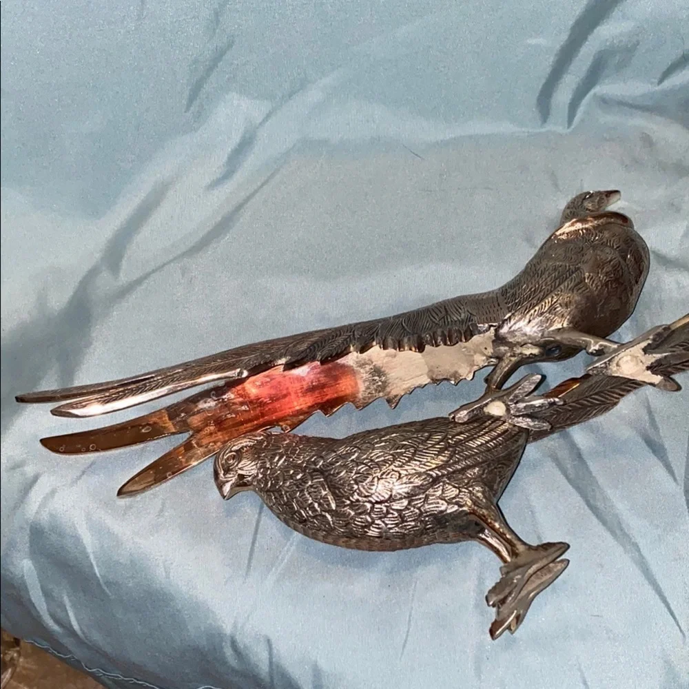 Vintage Lacquered Brass Silver finish Pheasant and  Japanese Peacock Bird Fig - Picture 7 of 10